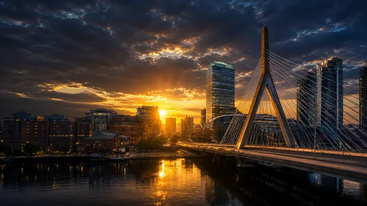 Boston skyline at sunset, symbolizing hope and new beginnings